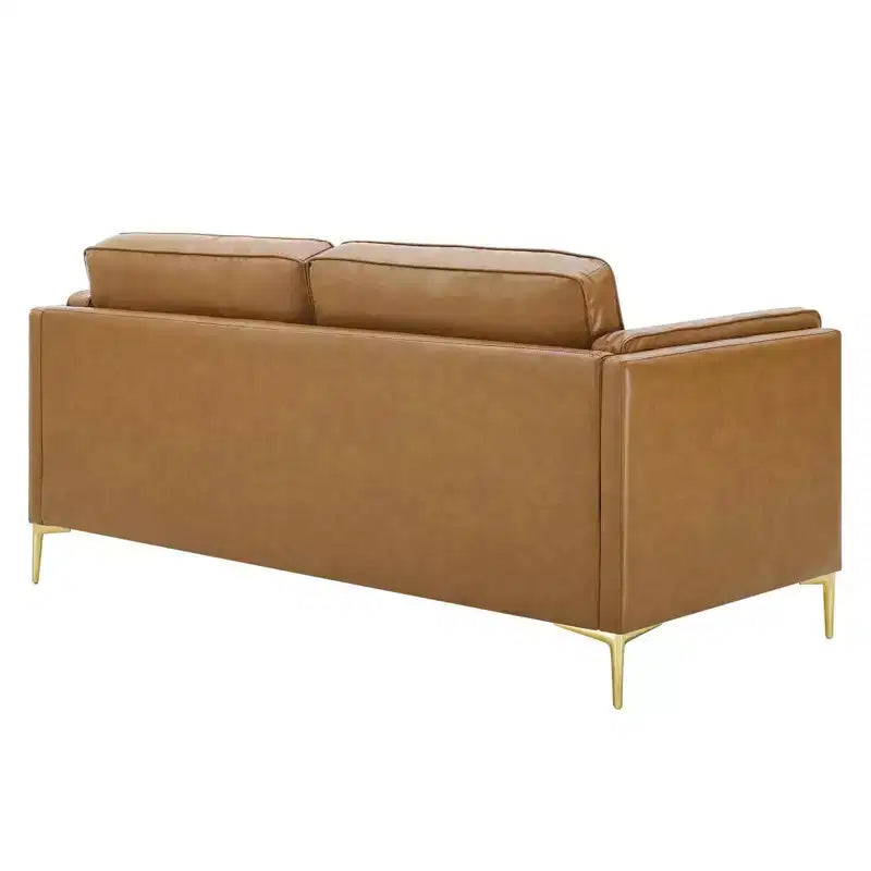 Kaiya Vegan Leather Sofa Tan - Modway: Mid-Century Modern Design, Gold Metal Accents, Dense Foam Padding