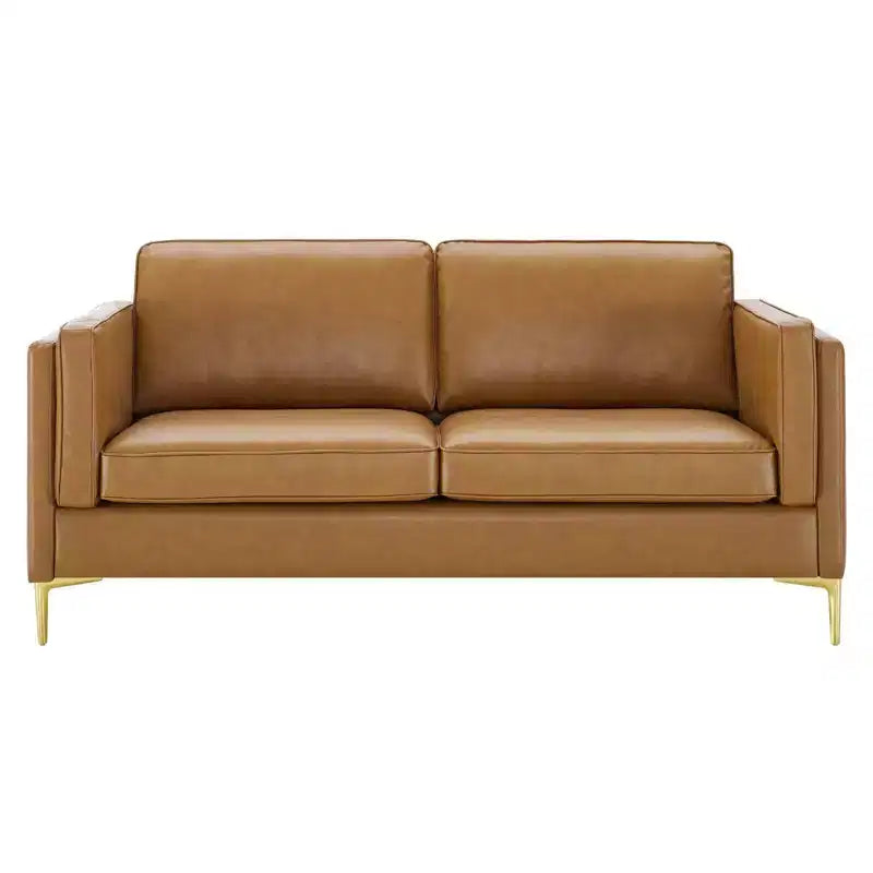 Kaiya Vegan Leather Sofa Tan - Modway: Mid-Century Modern Design, Gold Metal Accents, Dense Foam Padding