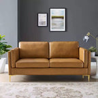 Kaiya Vegan Leather Sofa Tan - Modway: Mid-Century Modern Design, Gold Metal Accents, Dense Foam Padding