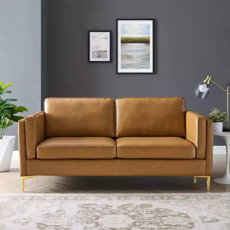 Kaiya Vegan Leather Sofa Tan - Modway: Mid-Century Modern Design, Gold Metal Accents, Dense Foam Padding