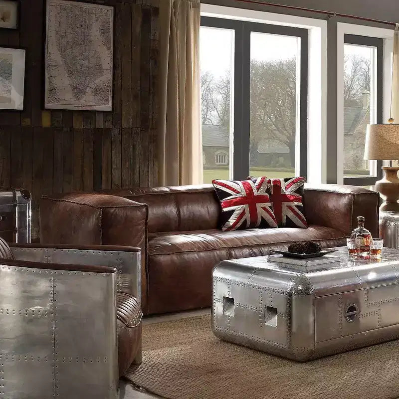 Brancaster 98" Sofas Retro Brown Top Grain Leather - Acme Furniture: Vintage Style, Aluminum Accents, 5-Seater