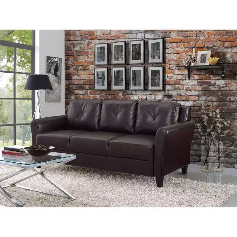 Helena Faux Leather Sofa Java Brown - Lifestyle Solutions: Upholstered, 3-Seater, Tufted Back, High-Density Foam