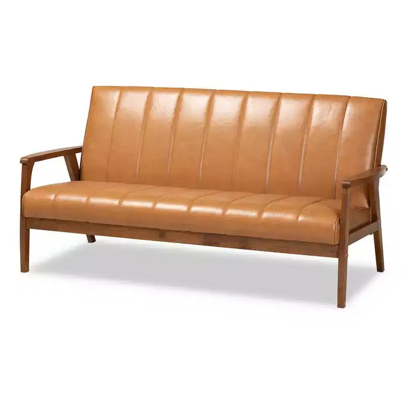 Nikko Mid-Century Faux Leather Upholstered Wood Sofa Walnut/Brown - Baxton Studio: 3-Seater, Tight Cushions, Rubberwood Legs