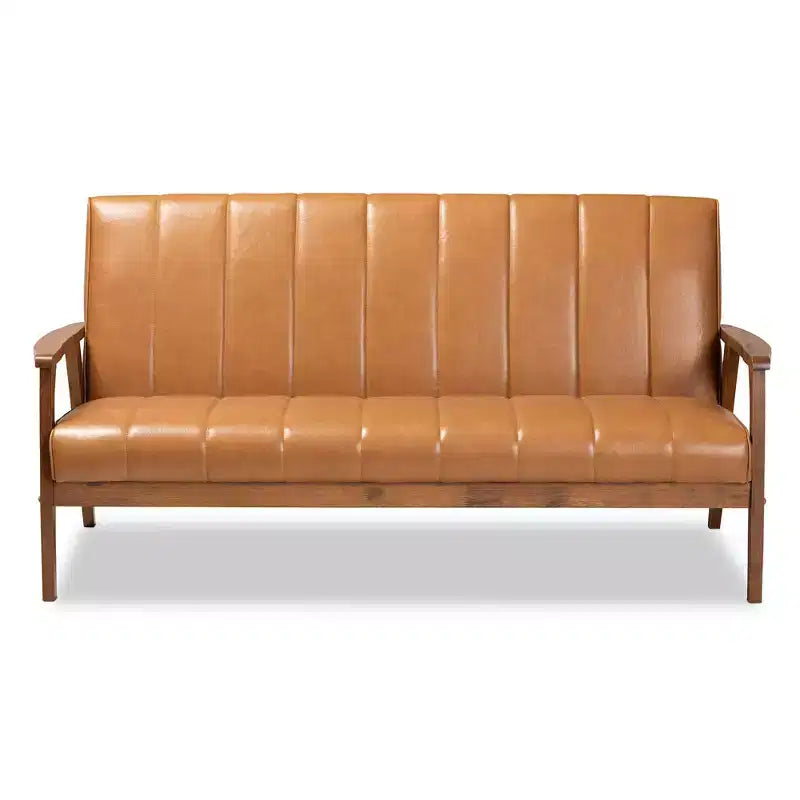 Nikko Mid-Century Faux Leather Upholstered Wood Sofa Walnut/Brown - Baxton Studio: 3-Seater, Tight Cushions, Rubberwood Legs