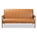 Nikko Mid-Century Faux Leather Upholstered Wood Sofa Walnut/Brown - Baxton Studio: 3-Seater, Tight Cushions, Rubberwood Legs