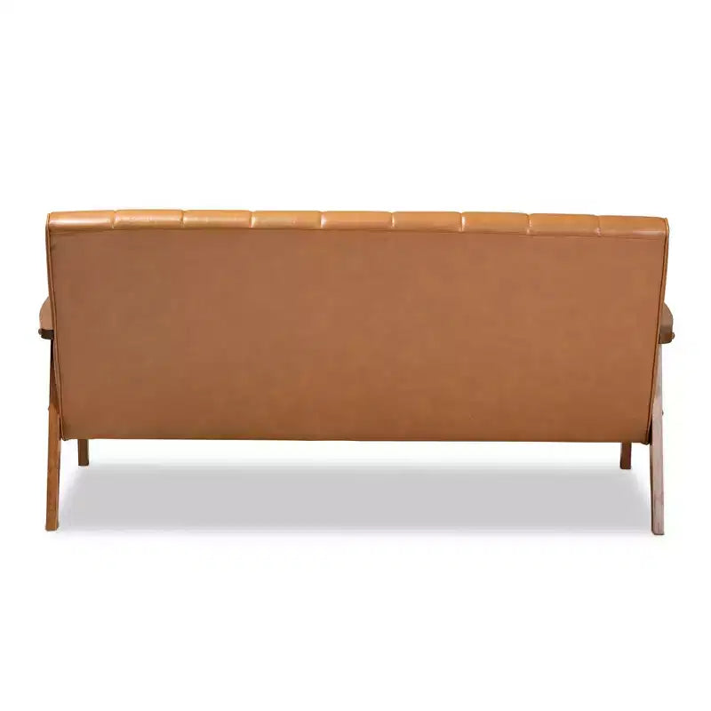 Nikko Mid-Century Faux Leather Upholstered Wood Sofa Walnut/Brown - Baxton Studio: 3-Seater, Tight Cushions, Rubberwood Legs