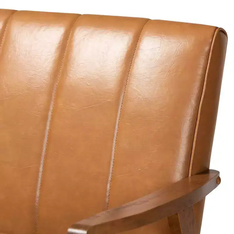 Nikko Mid-Century Faux Leather Upholstered Wood Sofa Walnut/Brown - Baxton Studio: 3-Seater, Tight Cushions, Rubberwood Legs