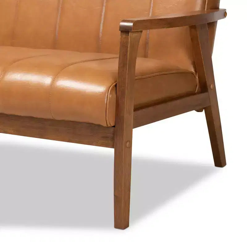 Nikko Mid-Century Faux Leather Upholstered Wood Sofa Walnut/Brown - Baxton Studio: 3-Seater, Tight Cushions, Rubberwood Legs
