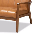 Nikko Mid-Century Faux Leather Upholstered Wood Sofa Walnut/Brown - Baxton Studio: 3-Seater, Tight Cushions, Rubberwood Legs