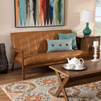 Nikko Mid-Century Faux Leather Upholstered Wood Sofa Walnut/Brown - Baxton Studio: 3-Seater, Tight Cushions, Rubberwood Legs