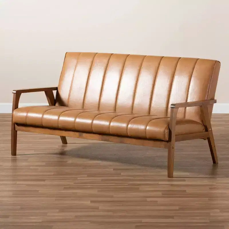 Nikko Mid-Century Faux Leather Upholstered Wood Sofa Walnut/Brown - Baxton Studio: 3-Seater, Tight Cushions, Rubberwood Legs