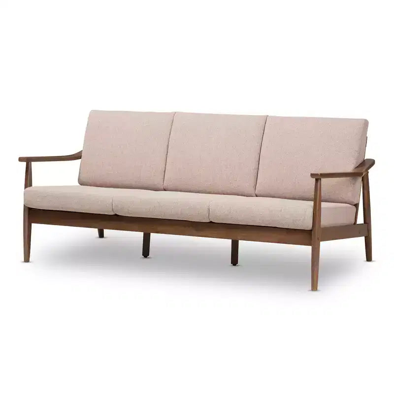 Venza Mid-Modern Walnut Wood Fabric Upholstered 3 Seater Sofa - Baxton Studio: Rubberwood Frame, Polyester