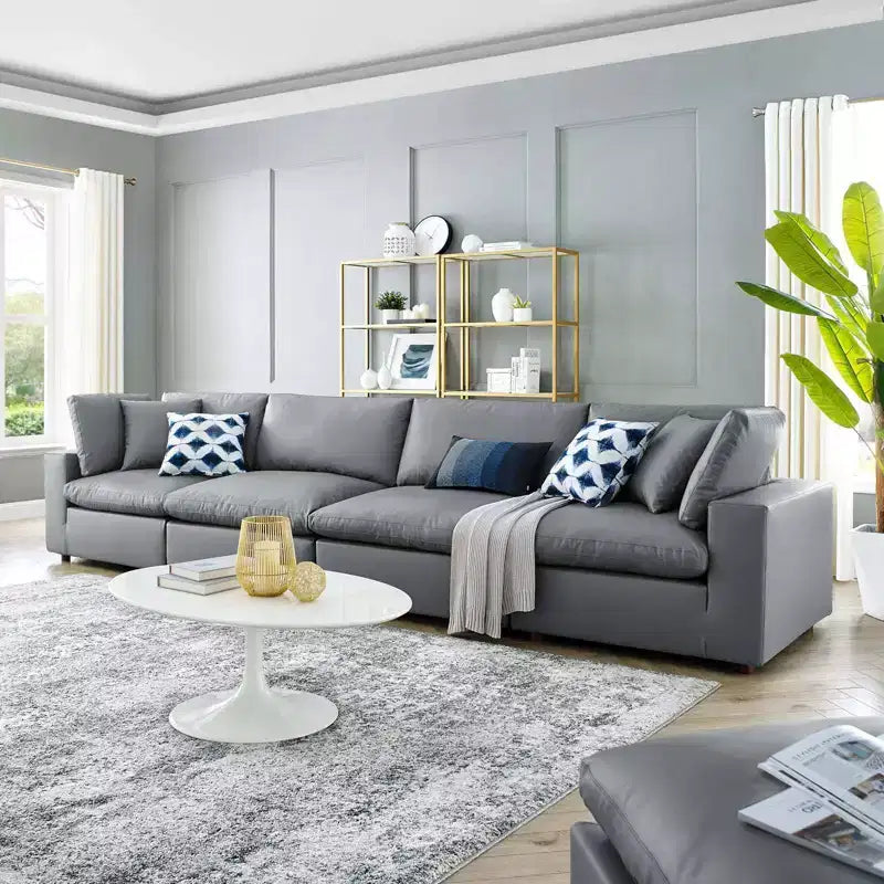 Commix Down Filled Overstuffed Vegan Leather 4 Seater Sofa Gray - Modway: Solid Wood Frame, Foam Padded