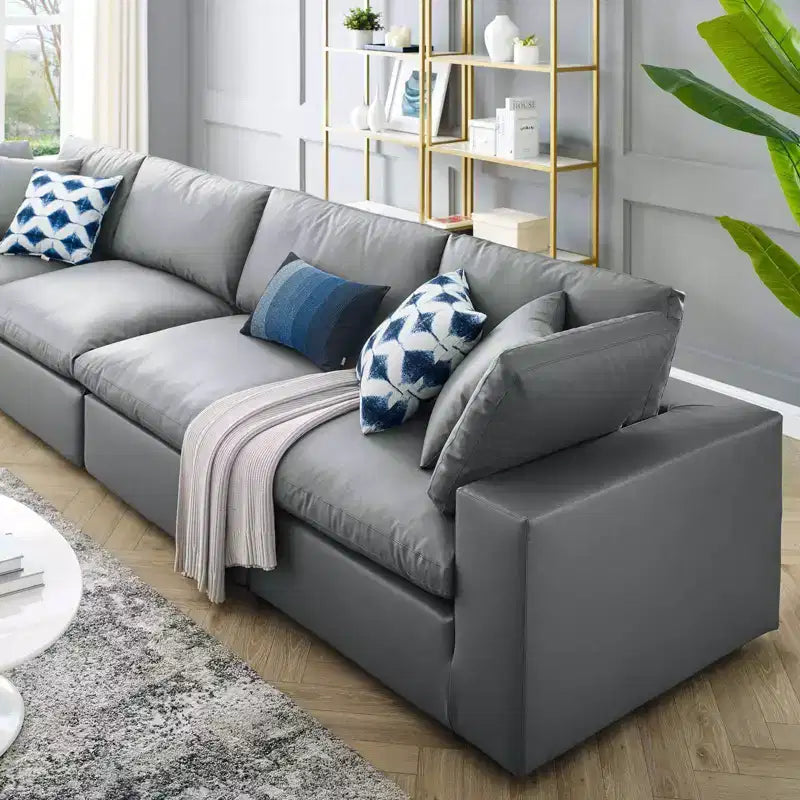 Commix Down Filled Overstuffed Vegan Leather 4 Seater Sofa Gray - Modway: Solid Wood Frame, Foam Padded