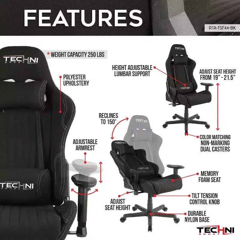 Fabric Ergonomic High Back Racer Style Video Gaming Chair Black - Techni Sport: Office, Swivel, Lumbar Support