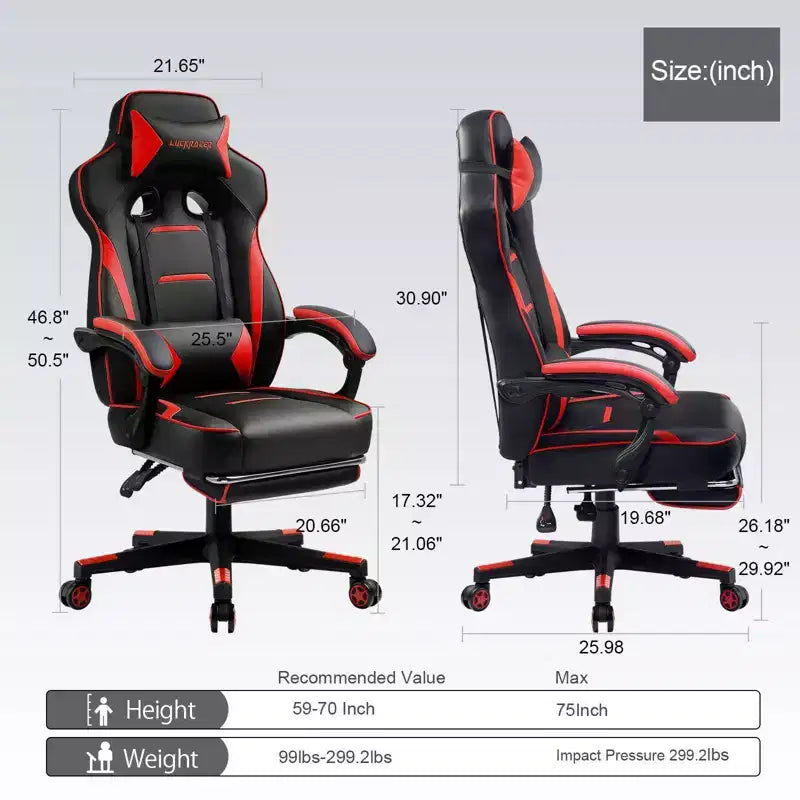 Chaise de jeu LUCKRACER avec repose-pieds, chaise de bureau à dossier haut, chaise d'ordinateur rouge