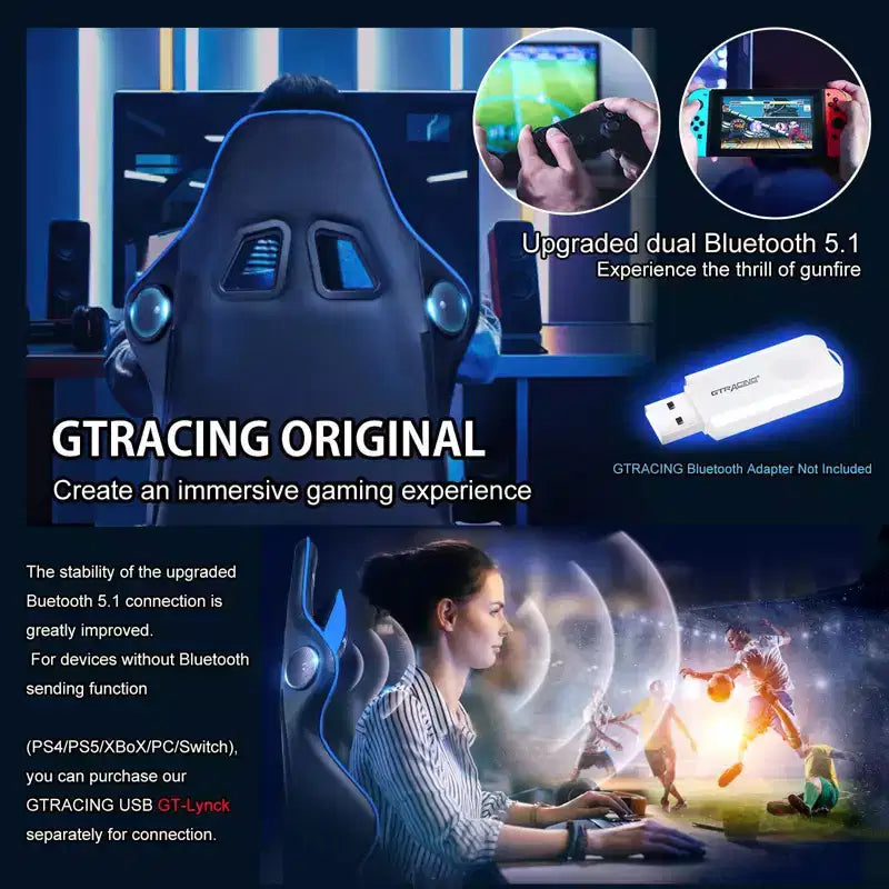 Chaise de jeu GTRACING avec haut-parleurs Bluetooth Chaise de bureau haute en polyuréthane bleue