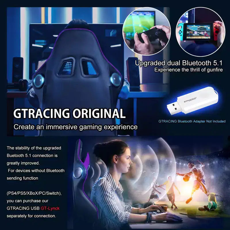Chaise de gaming GTRACING avec haut-parleurs Bluetooth Chaise de bureau dossier haut en PU Violette