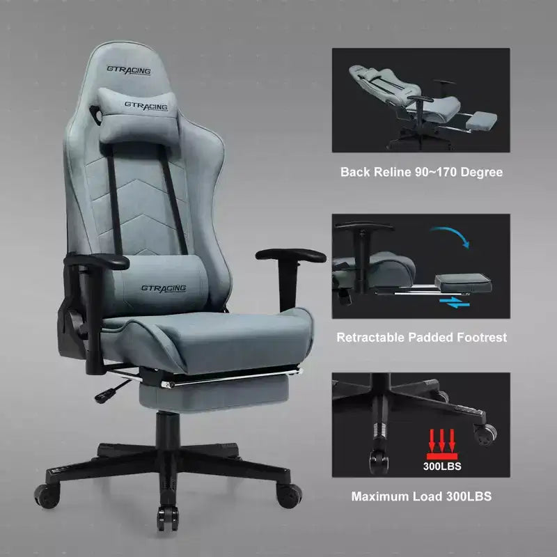 Chaise de jeu GTRACING avec repose-pieds, chaise de bureau ergonomique inclinable avec soutien lombaire, bleue