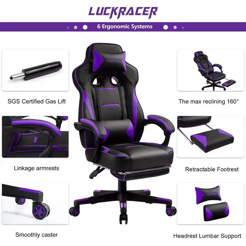 LUCKRACER Gaming Chair with Footrest High Back Computer Desk Chair Office Chair Purple