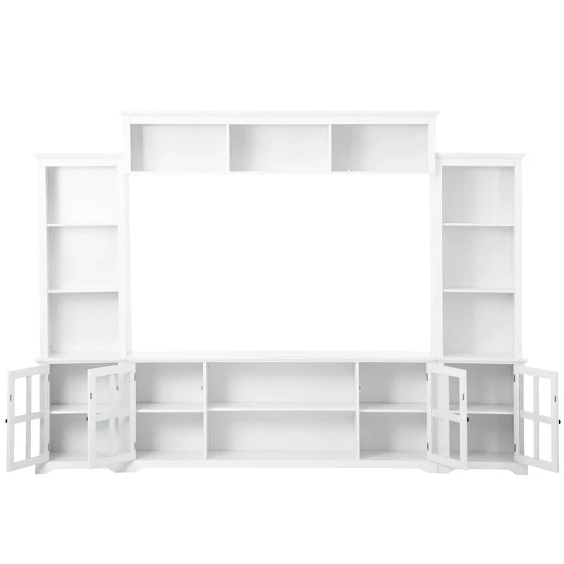 Entertainment Wall Unit with Bridge, Tempered Glass Doors for TVs Up to 70