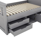 Twin/Full Size Captain Platform Bed with 4 Drawers and Storage Shelves, Solid Wood Bed Frame with Storage Bookcase Headboard