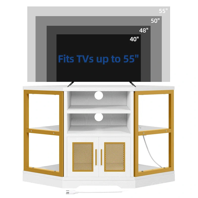 Meuble TV d'angle de ferme, meuble multimédia avec prise de courant pour téléviseurs jusqu'à 55 pouces