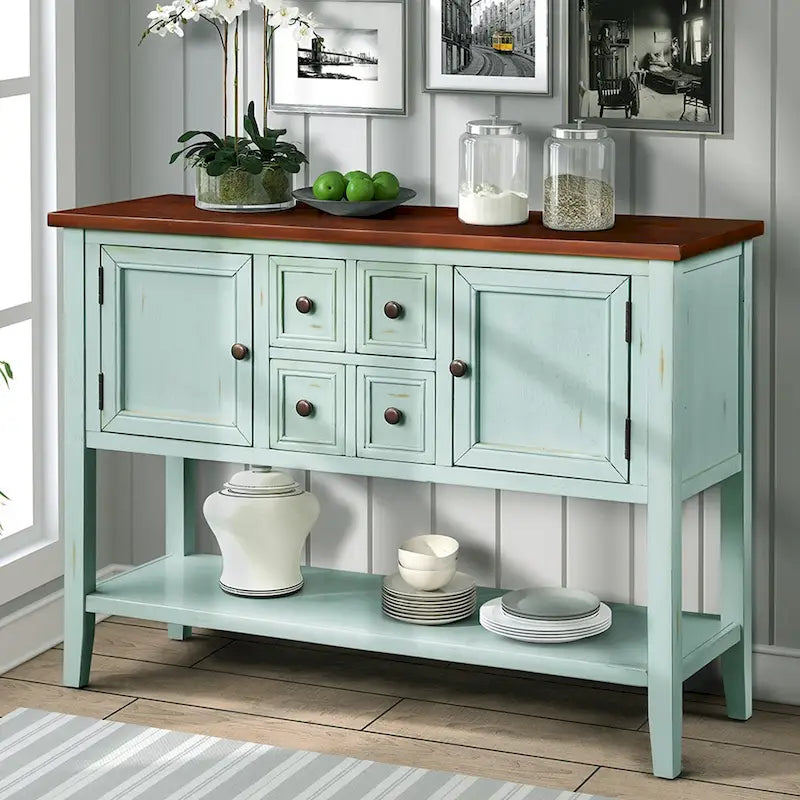 Retro Style Buffet Sideboard Wood Console Table with Bottom Shelf, Easy Assemble, for Living Room, Kitchen, Entryway