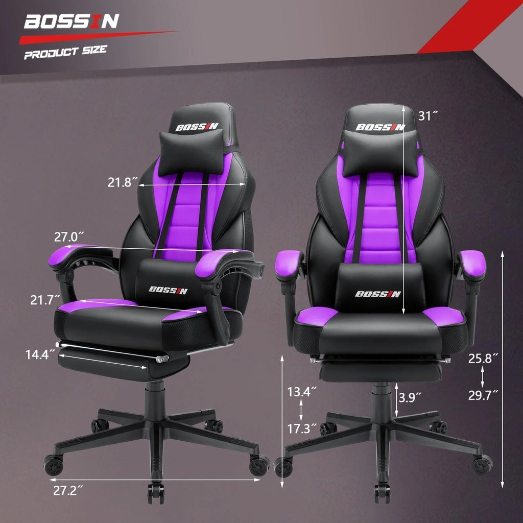 Chaise de jeu style course BOSSIN, fauteuil gamer grande taille 300 lb, chaise d'ordinateur à dossier haut