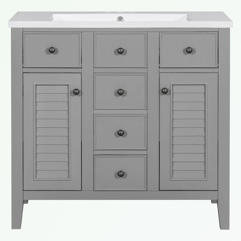 Bathroom Vanity with Ceramic Basin, Two Cabinets and Five Drawers