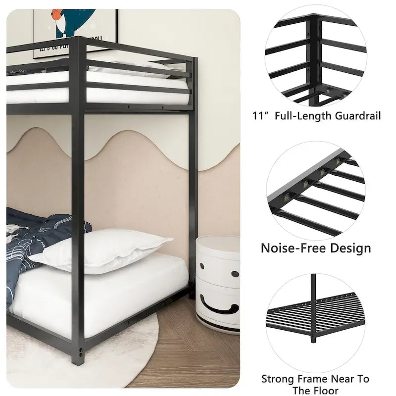 Sturdy Twin over Twin Bunk Bed Metal Black for and Adult, Low Profile Twin over twin bunk bed with Ladder and Guardrails