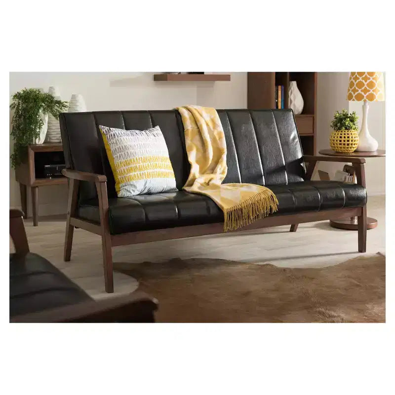 Nikko Mid-Century Modern Scandinavian Style Faux Leather Wooden 3 Seater Sofa - Baxton Studio