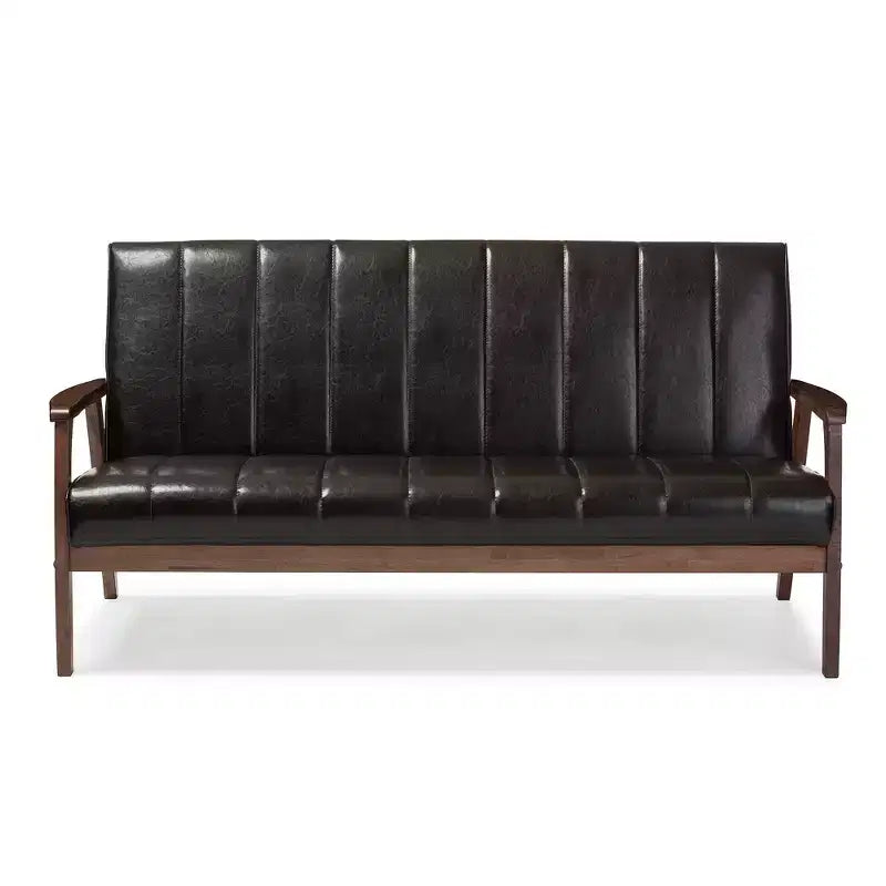 Nikko Mid-Century Modern Scandinavian Style Faux Leather Wooden 3 Seater Sofa - Baxton Studio