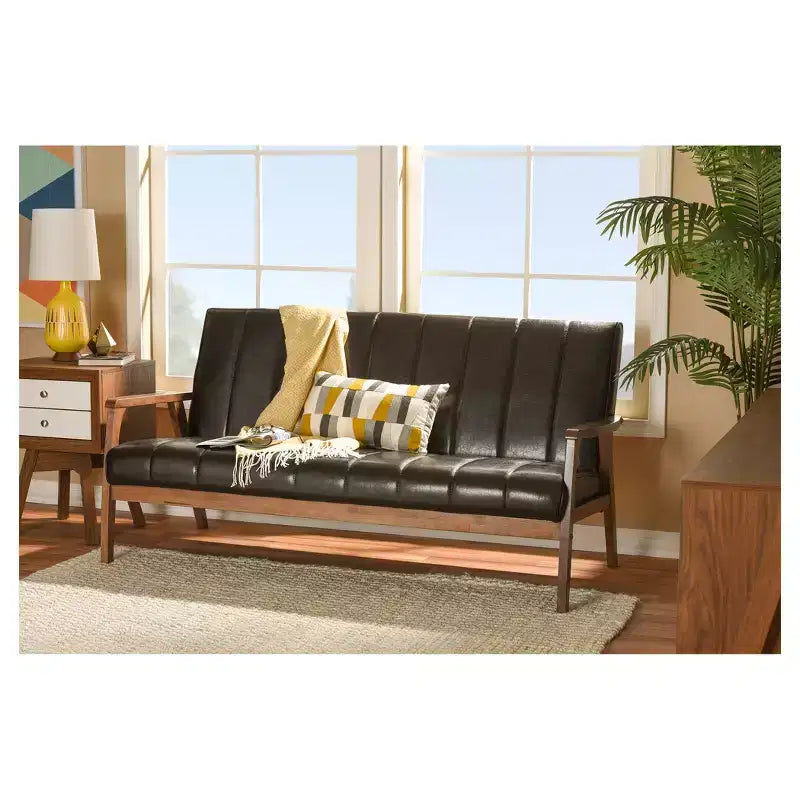 Nikko Mid-Century Modern Scandinavian Style Faux Leather Wooden 3 Seater Sofa - Baxton Studio