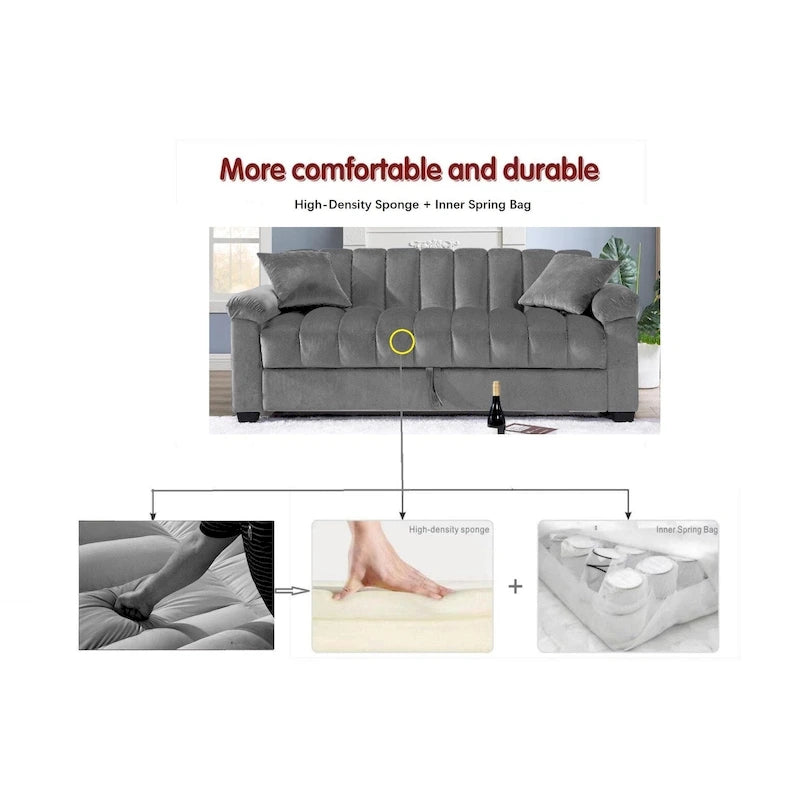 Canapé-lit convertible en velours de 82,7 po avec 2 oreillers
