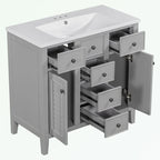 Bathroom Vanity with Ceramic Basin, Two Cabinets and Five Drawers