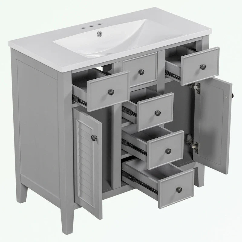 Bathroom Vanity with Ceramic Basin, Two Cabinets and Five Drawers