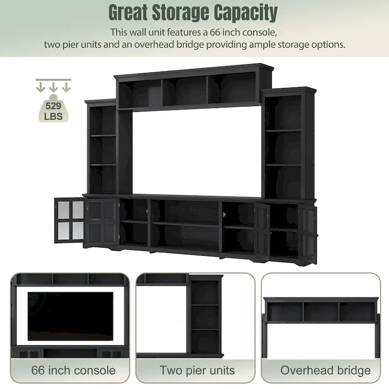Entertainment Wall Unit with Bridge, Tempered Glass Doors for TVs Up to 70