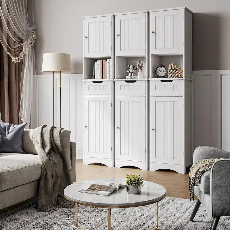 67 H Tall Bathroom Cabinet Narrow Linen Tower, Storage Cabinet with 2 Doors & Drawer