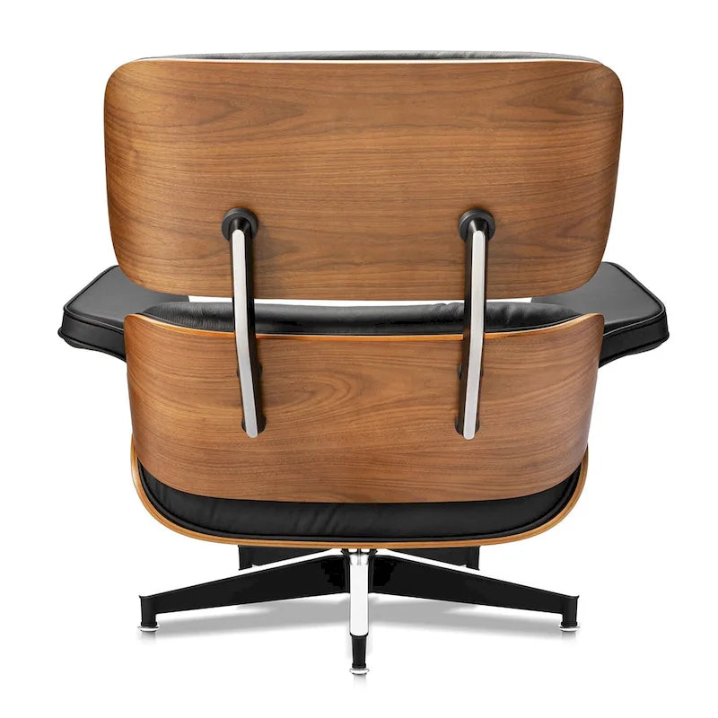 Furgle Genuine Leather Accent Lounge Chair and Ottoman Walnut Wood