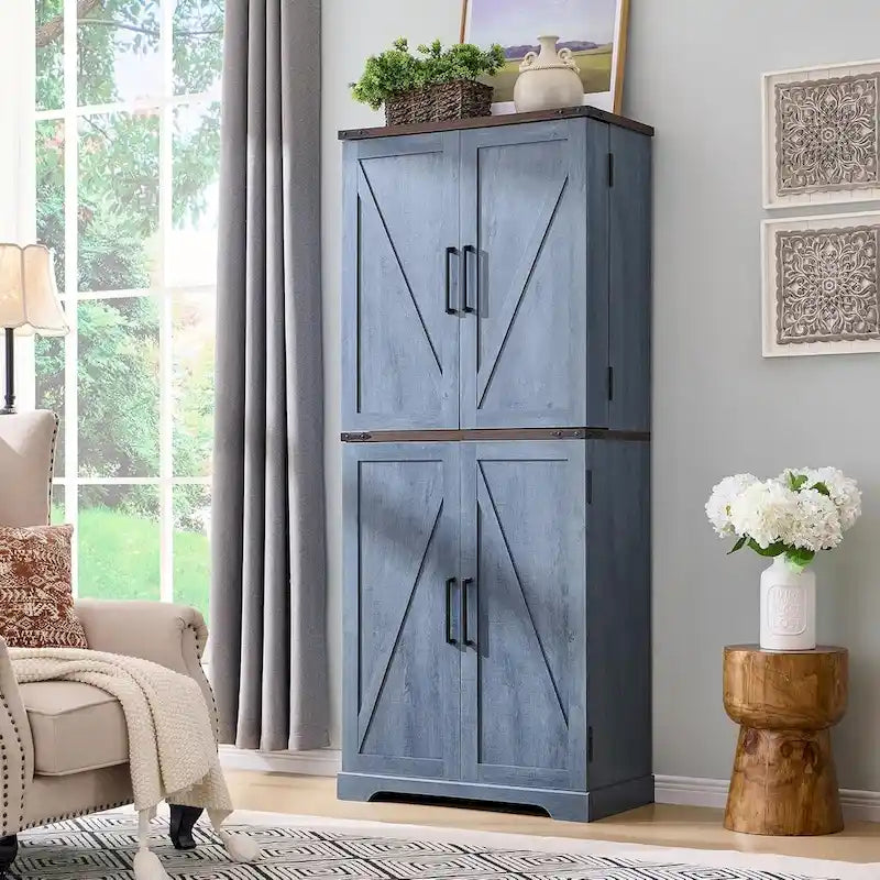 72 Tall Farmhouse Kitchen Pantry, Storage Cabinet with Barn Doors - N/A