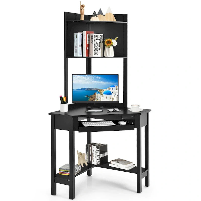 Triangle Corner Desk with Hutch - Bookshelves - Keyboard Tray - Black/White
