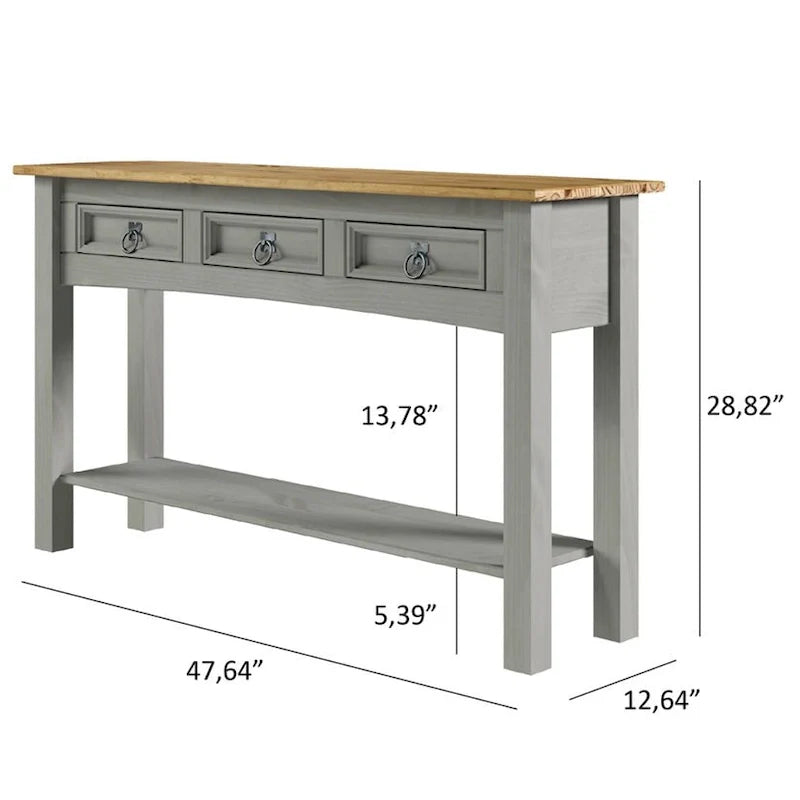 Rustic Solid Pine Console Hall Table, White Wash / Antique Brown / Gray Wash / Unpainted, 3 Drawers