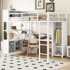 Off-White Metal Loft Bed with Desk and Wardrobe - Full Size