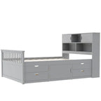 Twin/Full Size Captain Platform Bed with 4 Drawers and Storage Shelves, Solid Wood Bed Frame with Storage Bookcase Headboard
