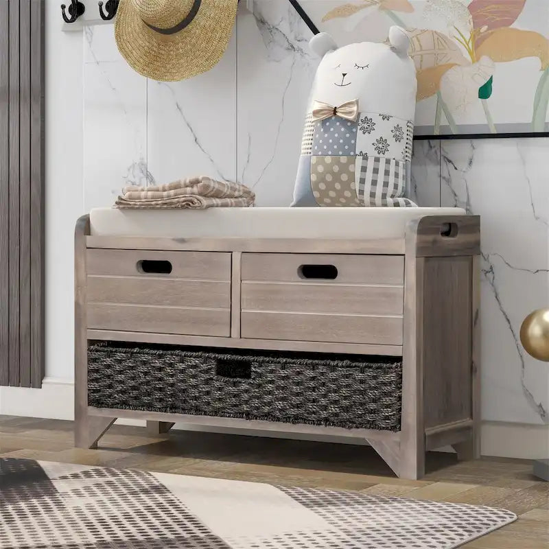 Wood Storage Bench with 2 Woven Baskets by Harper&Bright Designs