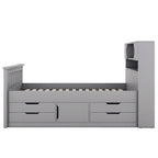 Twin/Full Size Captain Platform Bed with 4 Drawers and Storage Shelves, Solid Wood Bed Frame with Storage Bookcase Headboard