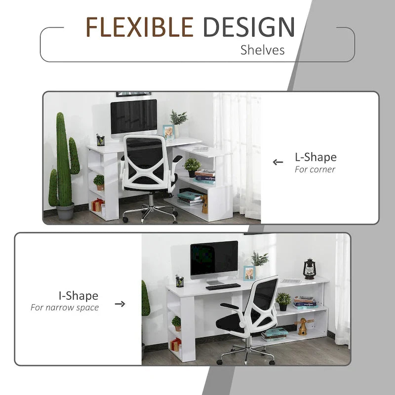 HOMCOM 360 Rotating L-Shaped Corner Desk: White, with Storage Shelves