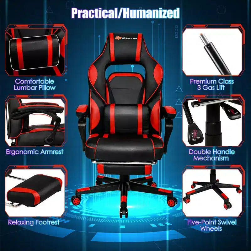 Costway Fauteuil de Massage Gaming Inclinable, Fauteuil de Bureau de Course pour Ordinateur avec Repose-Pieds Blanc/Noir/Bleu/Rouge