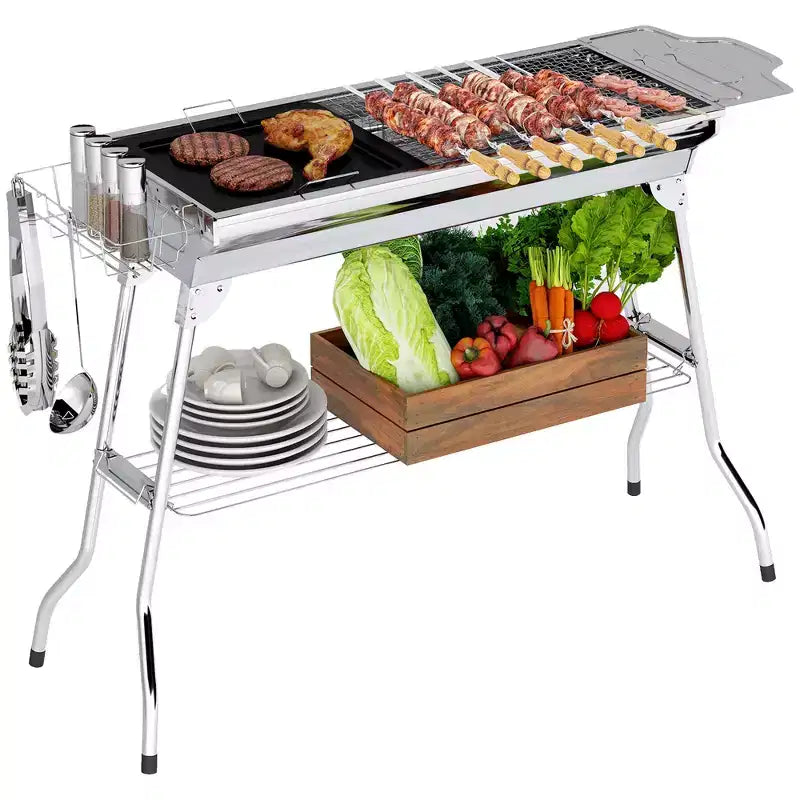 Outsunny Portable Charcoal Grill, Stainless Steel Folding Outdoor BBQ, Grill for Camping Tailgating Travel with Pan, Grill Rack, Shelves, and Hooks